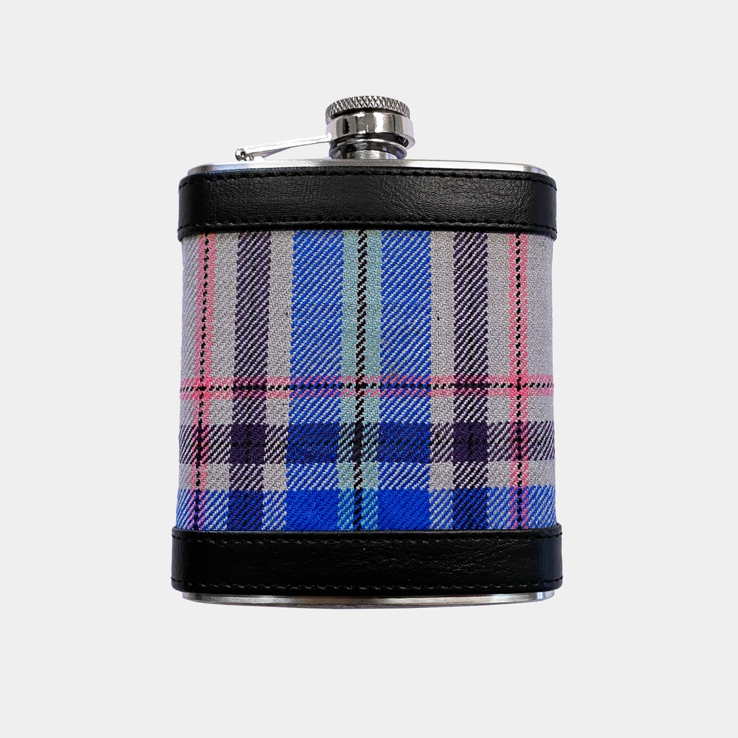 Front view of Glasgow 2026 Tartan Hipflask on grey background