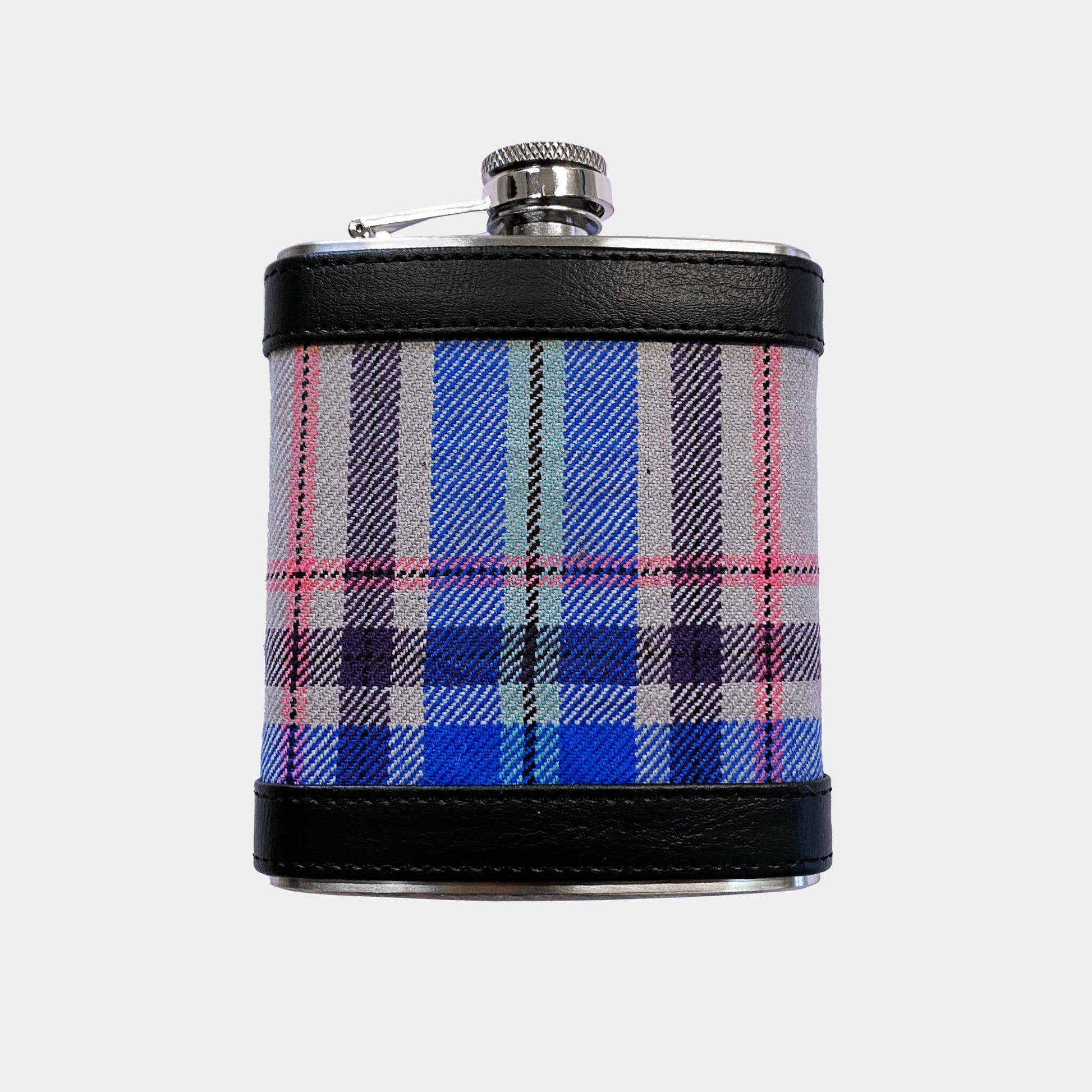 Front view of Glasgow 2026 Tartan Hipflask on grey background