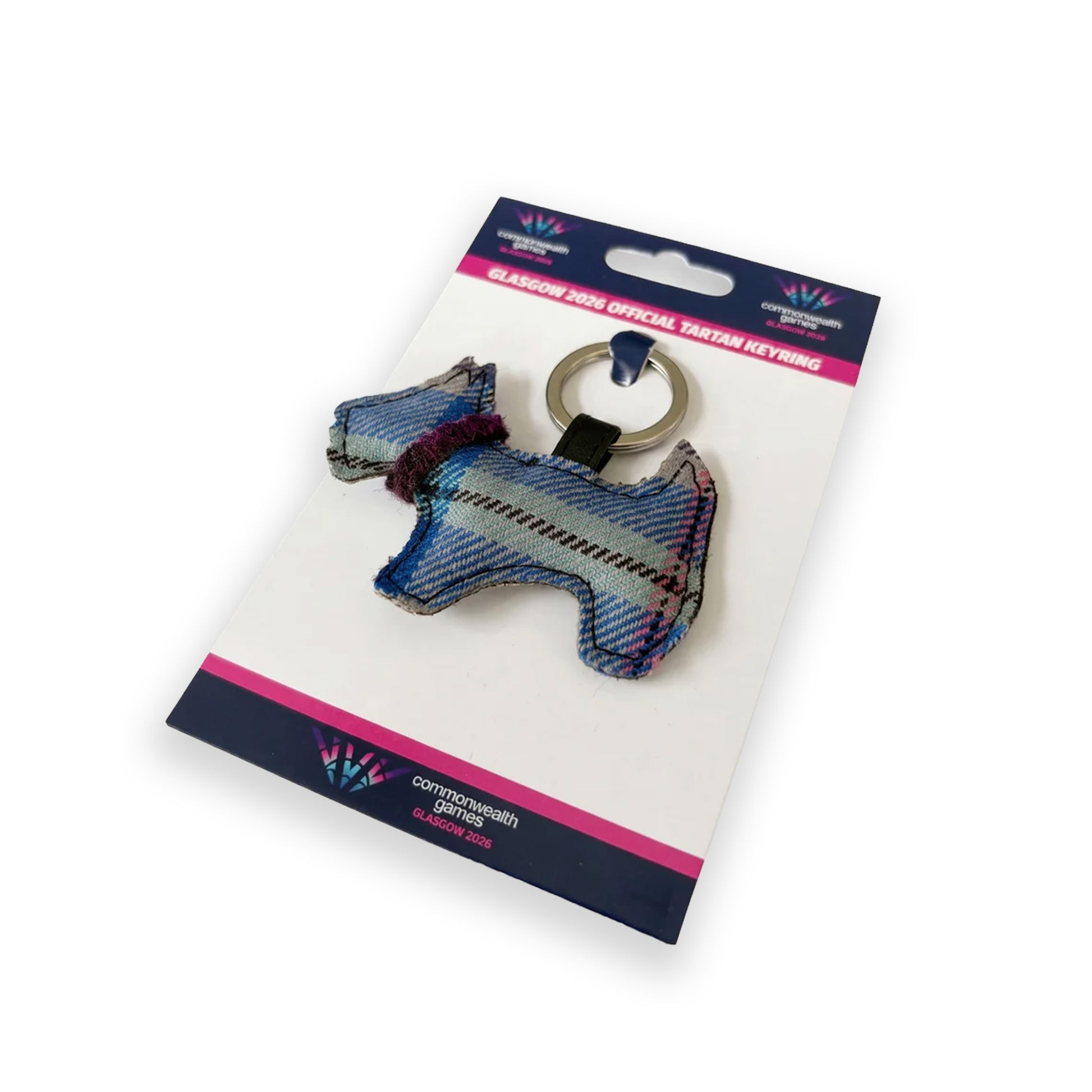 Glasgow 2026 Country Green Tartan Dog Keyring attached to branded backing card on grey background 