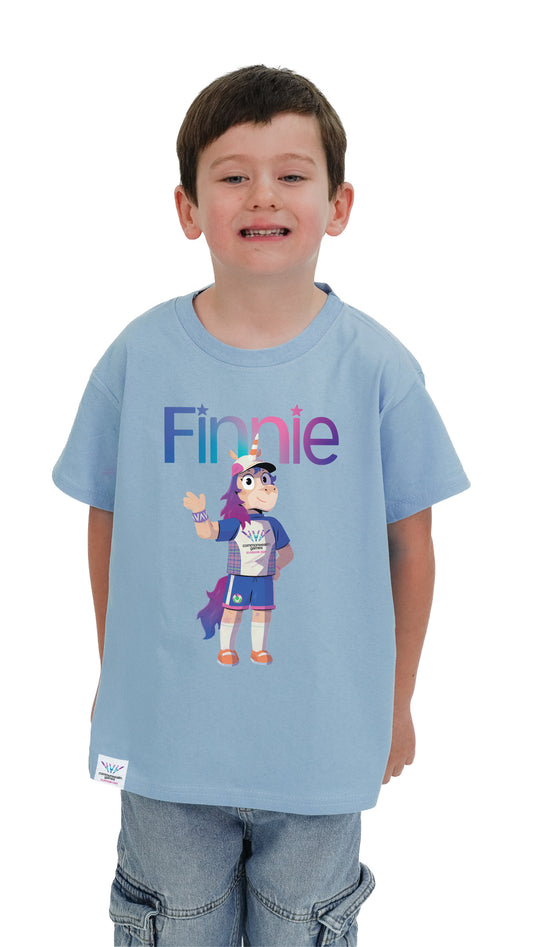 Boy wearing sky blue t-shirt  Glasgow 2026 with Glasgow 2026 Finnie mascot design.