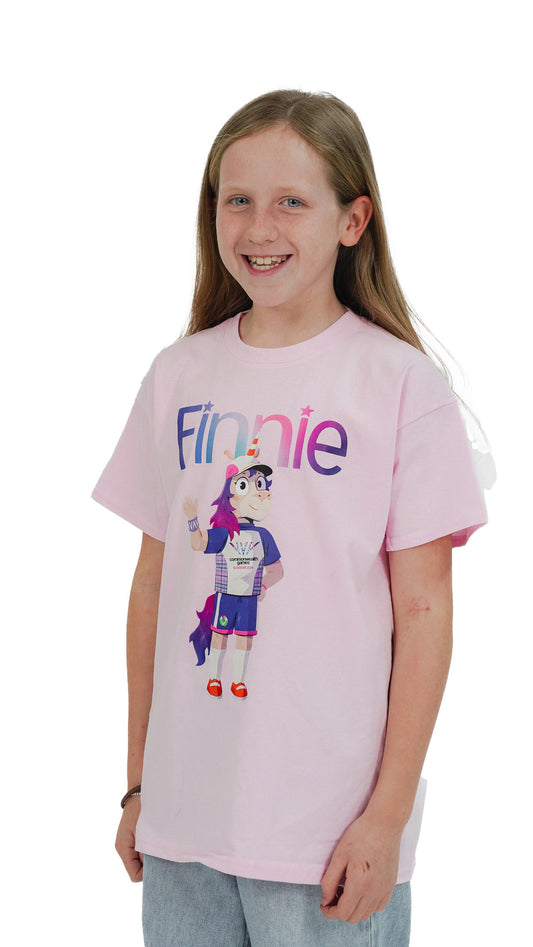 Girl wearing pink  t-shirt  Glasgow 2026 with Glasgow 2026 Finnie mascot design.