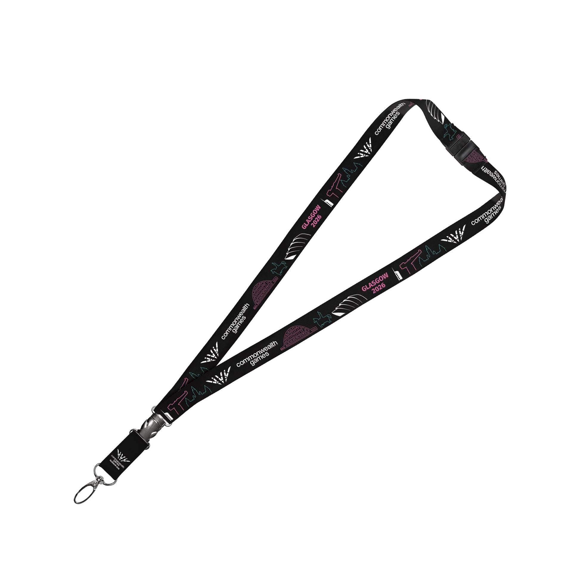 A black lanyard with safety break clip printed with Glasgow 2026 landmarks design.