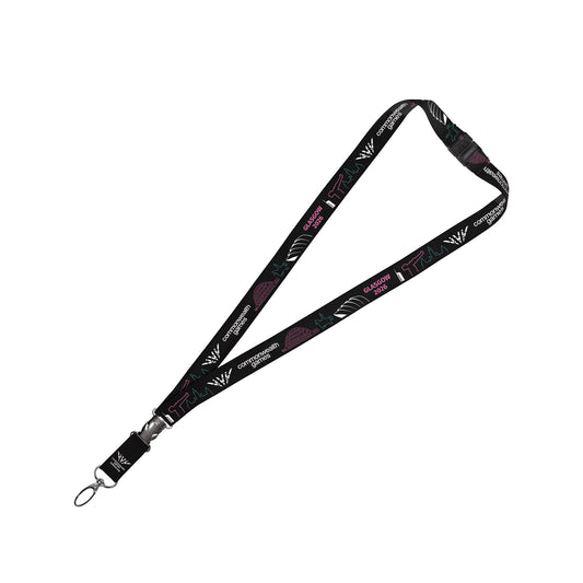 A black lanyard with safety break clip printed with Glasgow 2026 landmarks design.