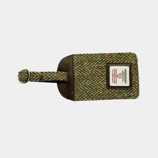 Back view of Glasgow 2026 Country Green Harris Tweed Luggage Tag on grey background 