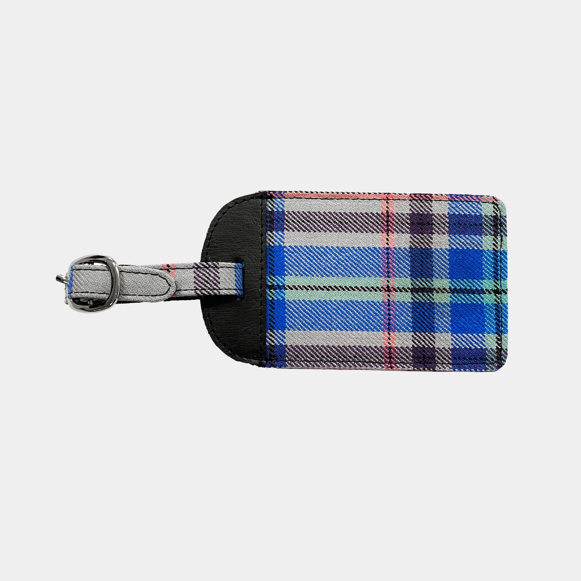 Back view of Glasgow 2026 Tartan Luggage Tag on grey background 