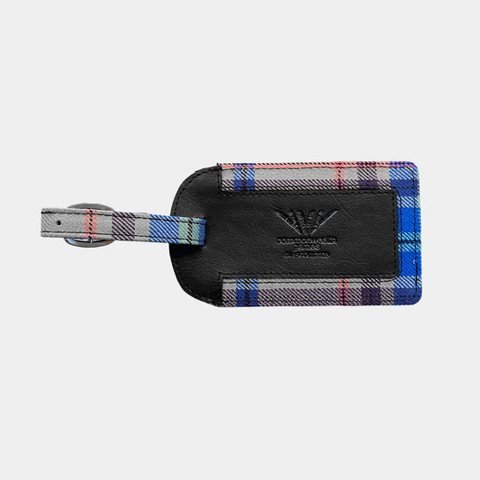 Front view of Glasgow 2026 Tartan Luggage Tag on grey background 