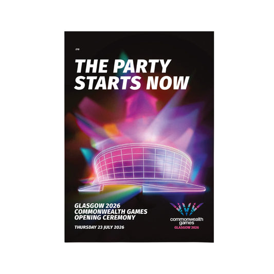 Opening Ceremony programme cover for the Glasgow 2026 Commonwealth Games with an colourful graphic of Glasgow Hydro and The Party Starts Now in bold white text