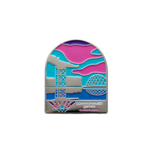Glasgow 2026 metal pin badge with soft enamel infill depicting the Finnieston Crane skyline.