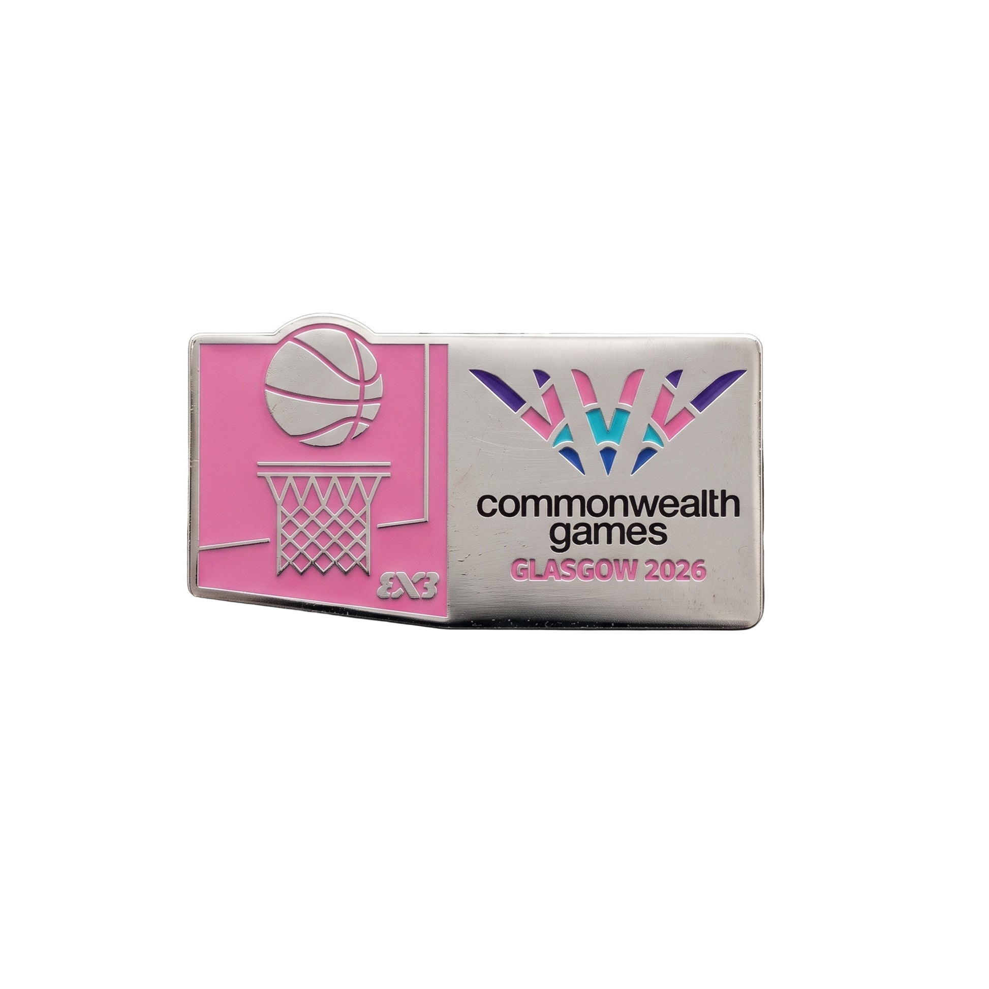 Metal pin badge with soft enamel 3x3 Basketball Pictogram and Glasgow 2026 logo.