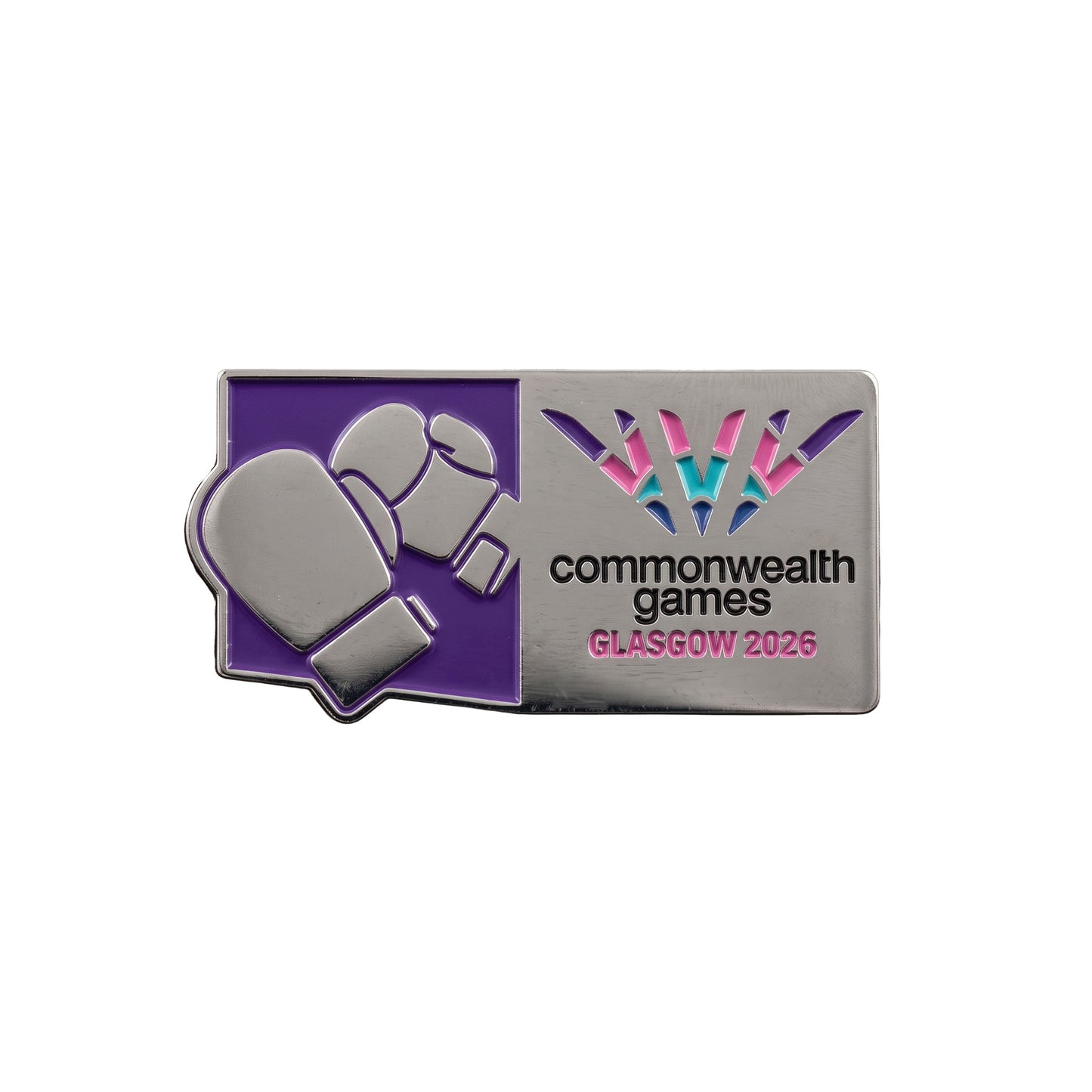 Metal pin badge with soft enamel Boxing Pictogram and Glasgow 2026 logo.