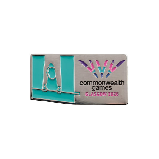 Metal pin badge with soft enamel Gymnastics Pictogram and Glasgow 2026 logo.