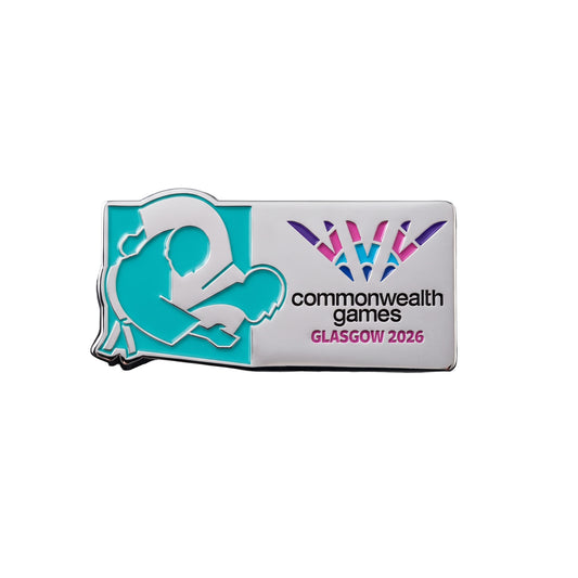 Metal pin badge with soft enamel Judo Pictogram and Glasgow 2026 logo.