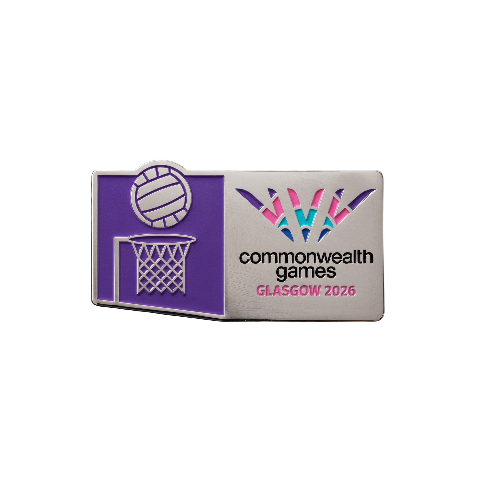 Metal pin badge with soft enamel Netball Pictogram and Glasgow 2026 logo.