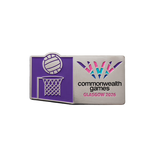 Metal pin badge with soft enamel Netball Pictogram and Glasgow 2026 logo.