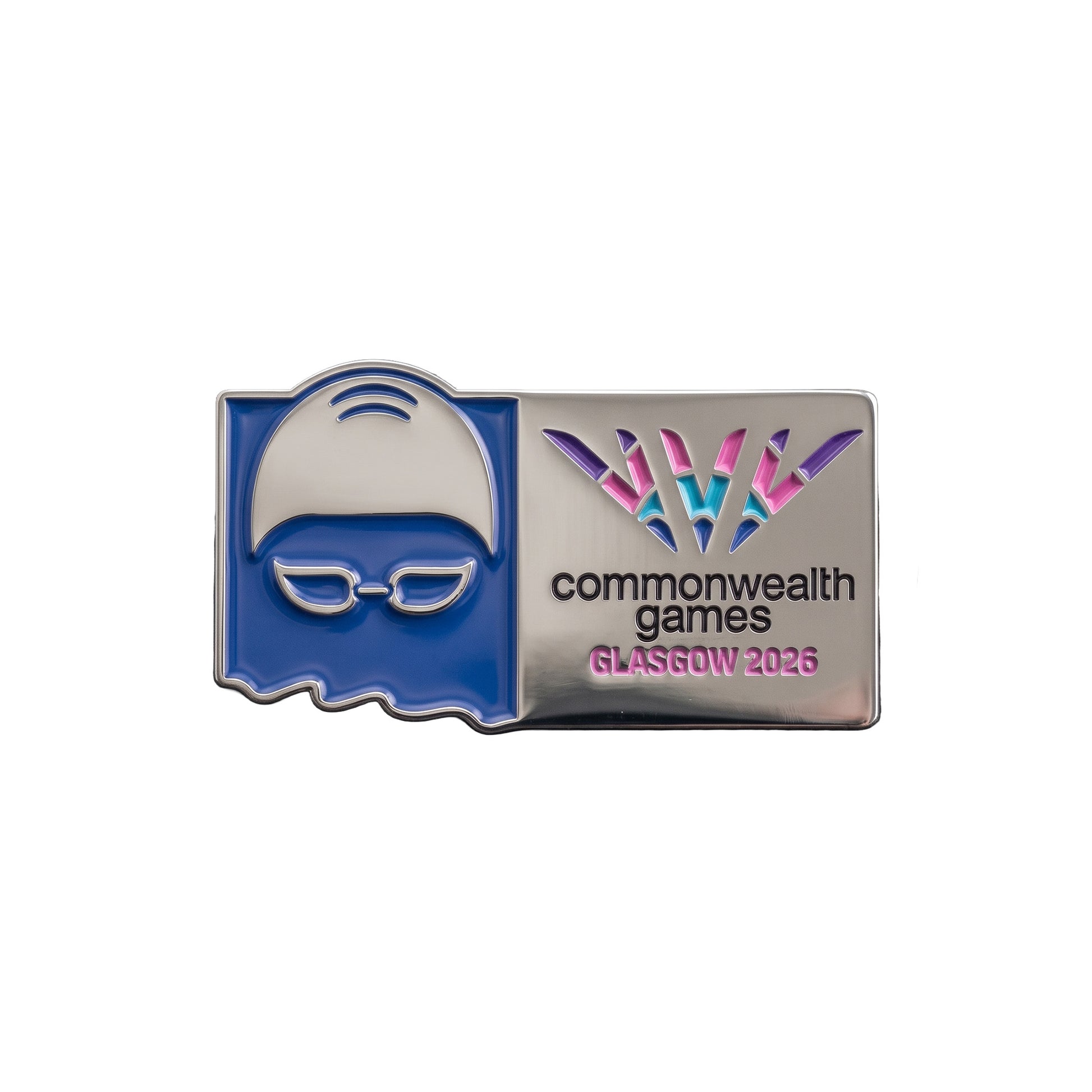 Metal pin badge with soft enamel Swimming Pictogram and Glasgow 2026 logo.