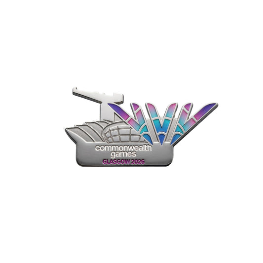 Glasgow 2026 metal keyring with soft enamel celebration mark. Features the SECC Campus alongside Glasgow Hydro and the Finnieston Crane.