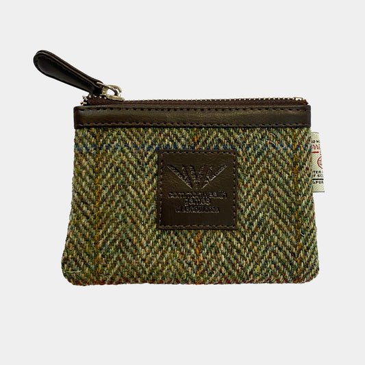 Front view of Glasgow 2026 Country Green Harris Tweed Coin Purse on grey background 