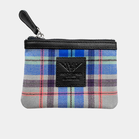 Front view of Glasgow 2026 Lambswool Tartan Coin Purse on grey background 