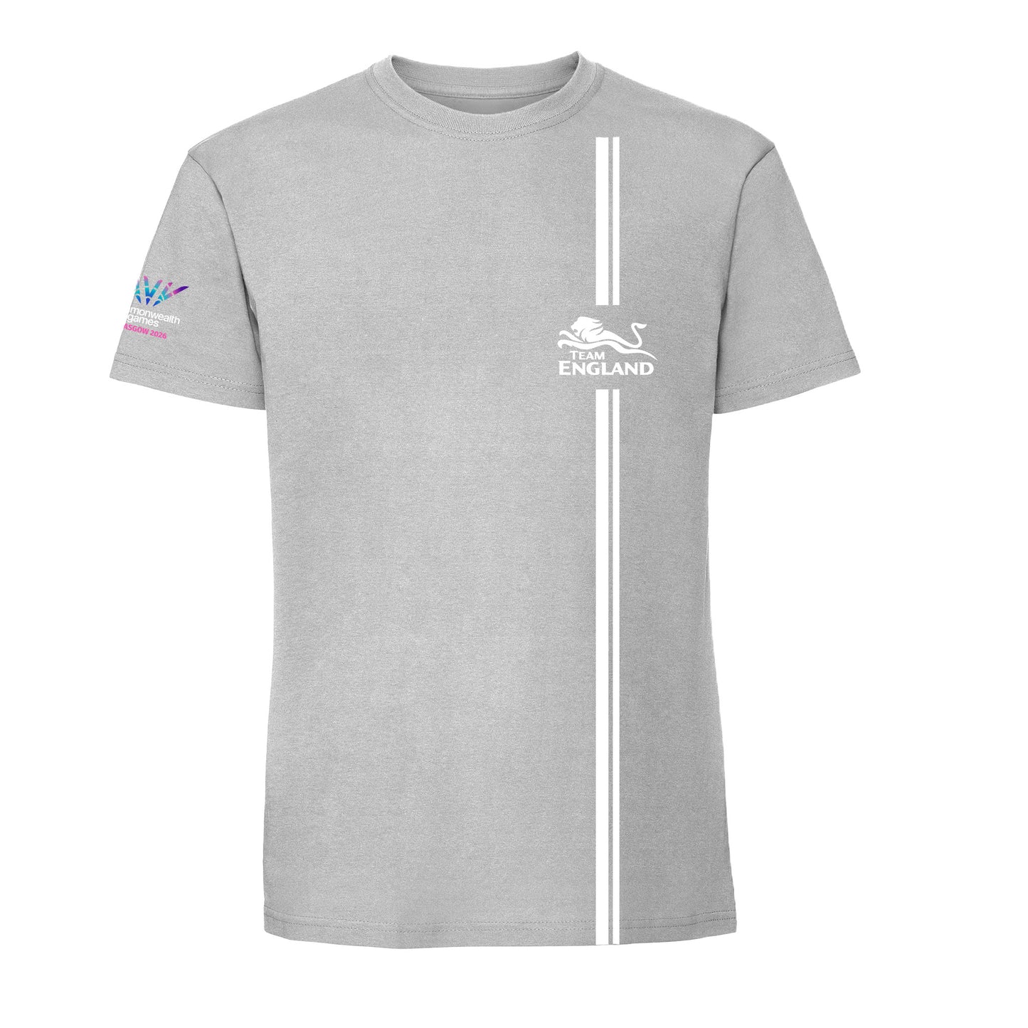 Grey t-shirt with Team England Logo Stripe design and Glasgow 2026 logo sleeve print.