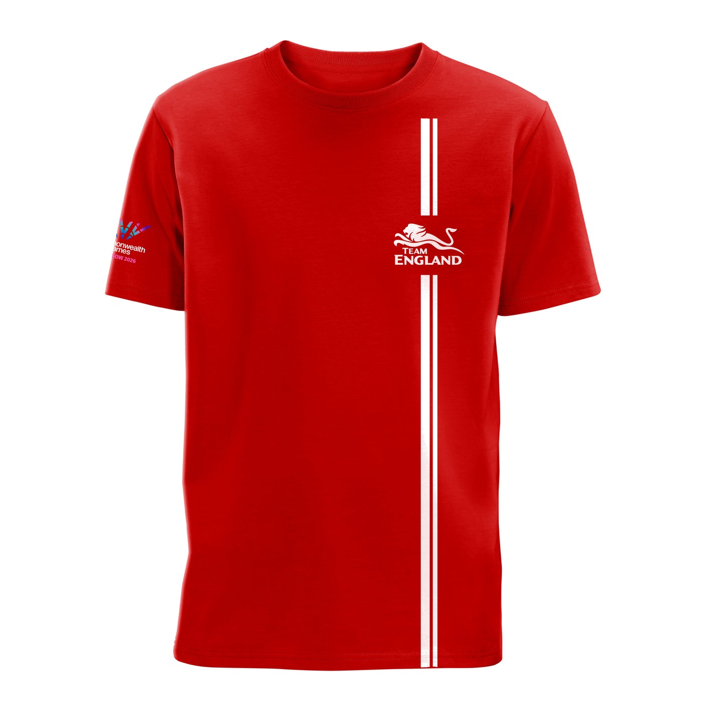 Red t-shirt with Team England Logo Stripe design and Glasgow 2026 logo sleeve print.