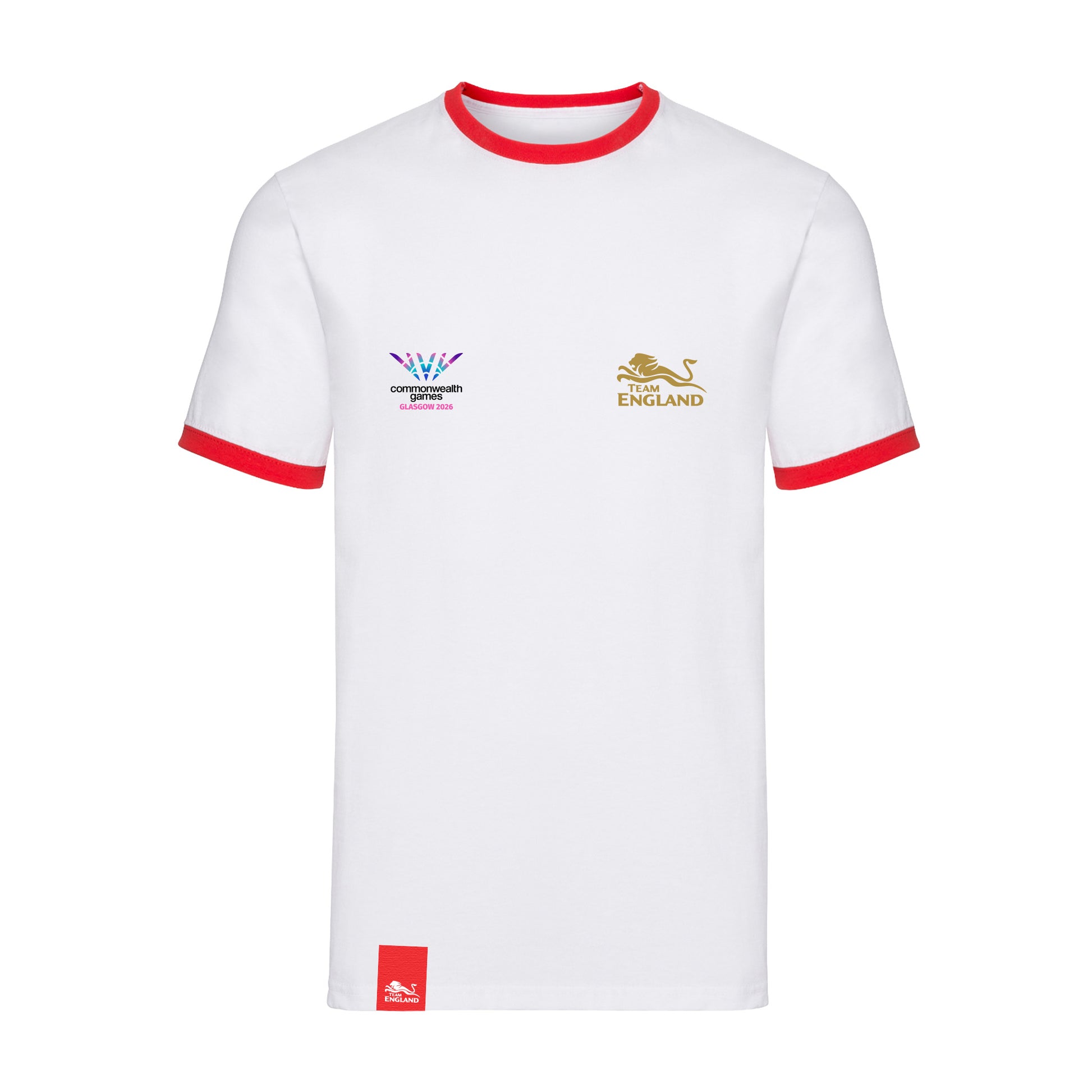 White ringer t-shirt with contrast red collar and sleeve hems and Team England and Glasgow 2026 logos.