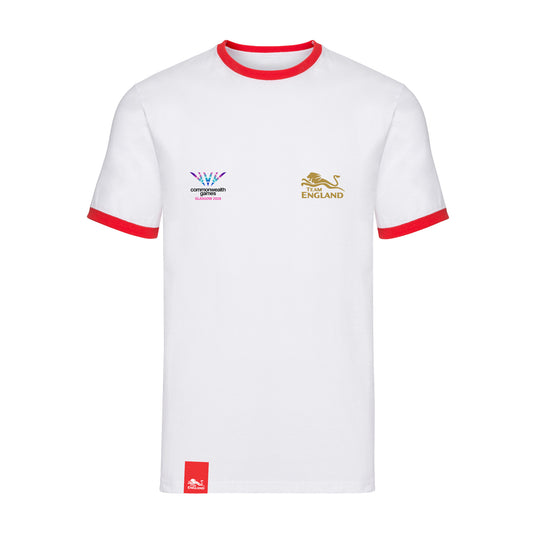 White ringer t-shirt with contrast red collar and sleeve hems and Team England and Glasgow 2026 logos.