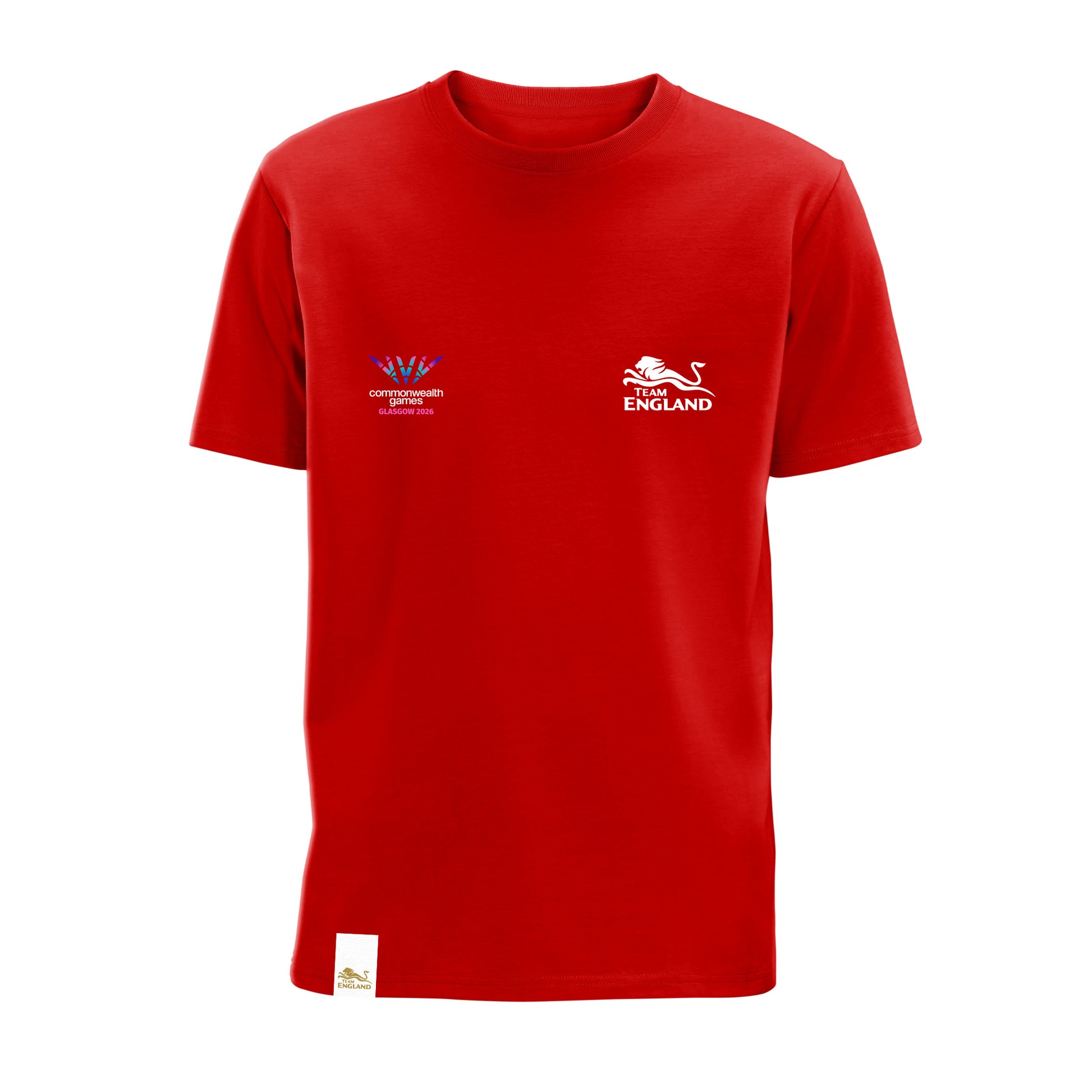 Red t-shirt with Team England and Glasgow 2026 logos.