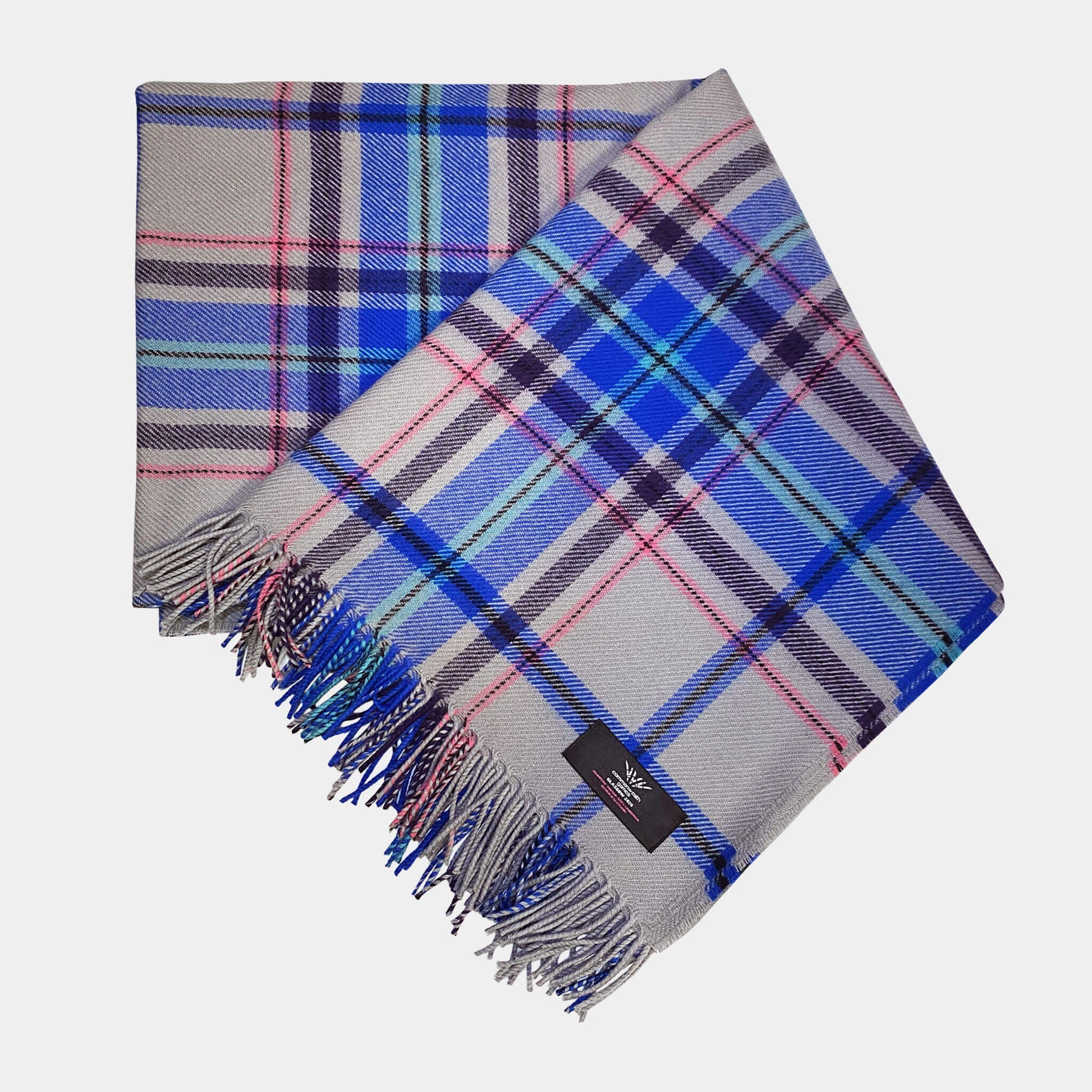 Folded 100% lambswool throw with Official Glasgow 2026 tartan design