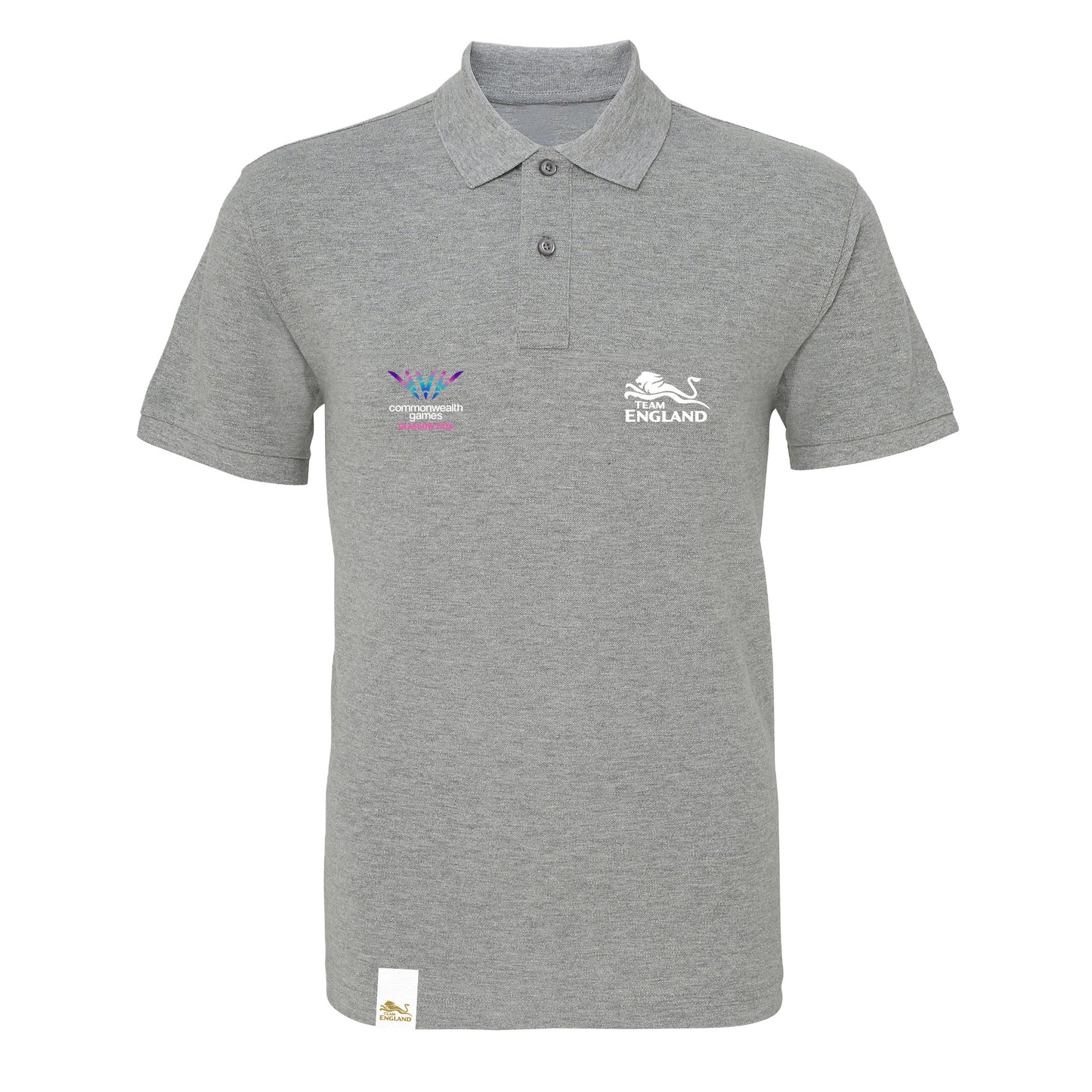 Grey short sleeve polo shirt with embroidered Glasgow 2026 and Team England logos.