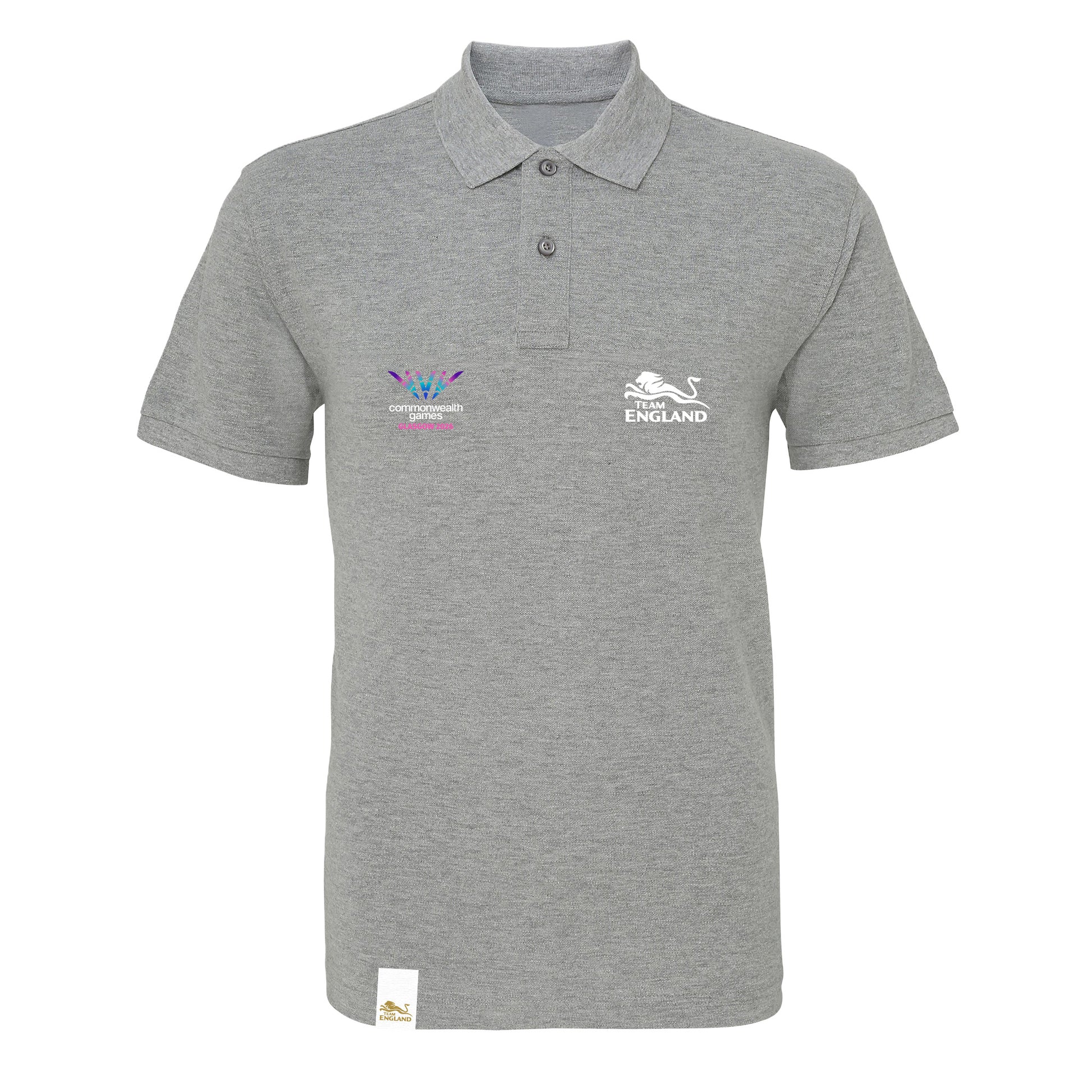 Grey short sleeve polo shirt with embroidered Glasgow 2026 and Team England logos.