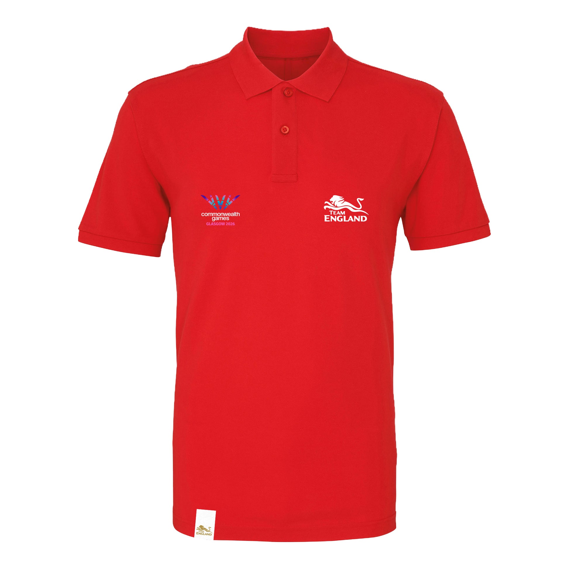 Red short sleeve polo shirt with embroidered Glasgow 2026 and Team England logos.