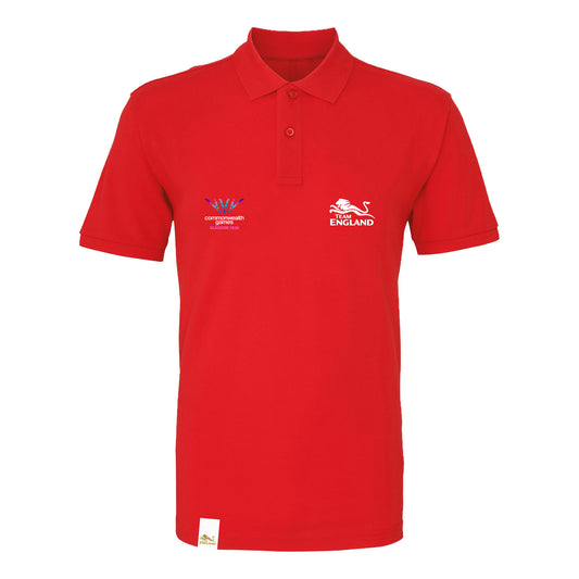 Red short sleeve polo shirt with embroidered Glasgow 2026 and Team England logos.