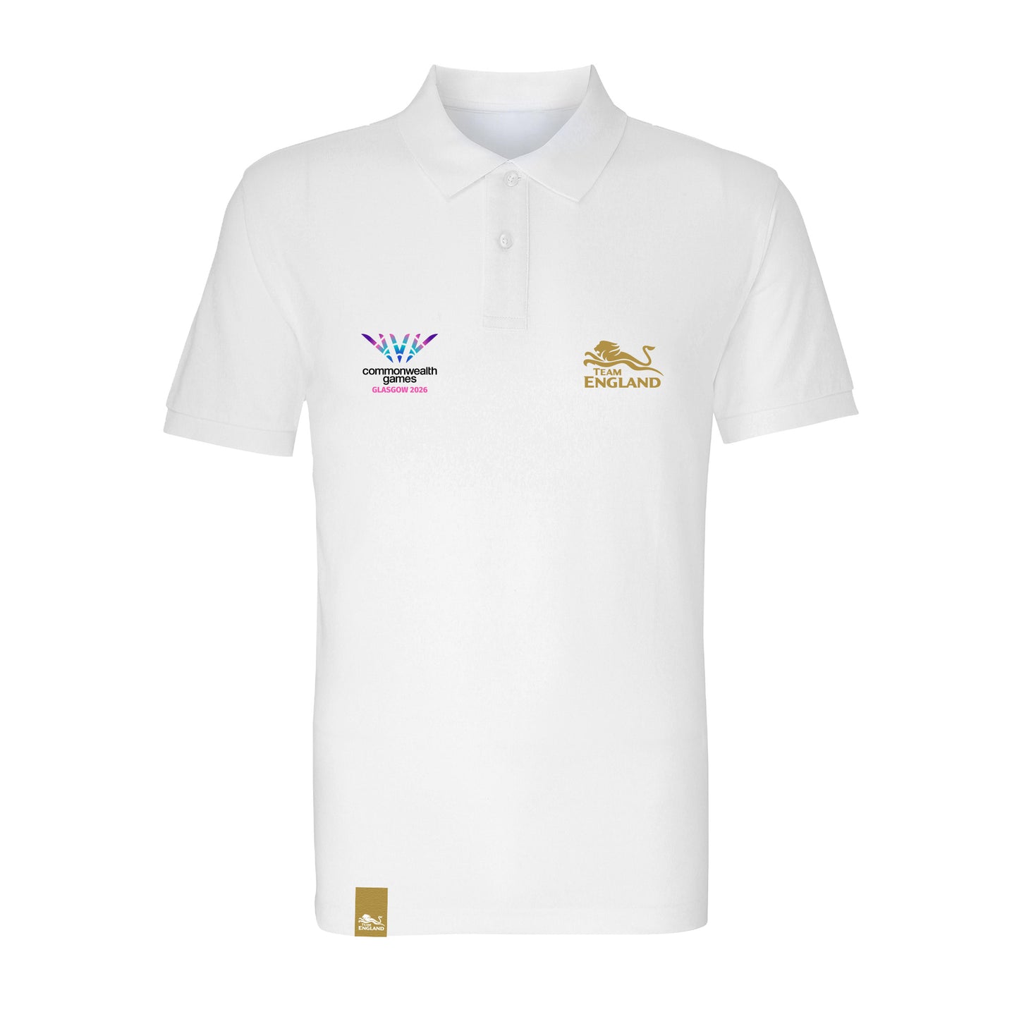 White short sleeve polo shirt with embroidered Glasgow 2026 and Team England logos.