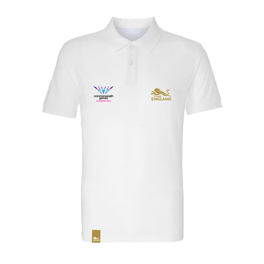 White short sleeve polo shirt with embroidered Glasgow 2026 and Team England logos.