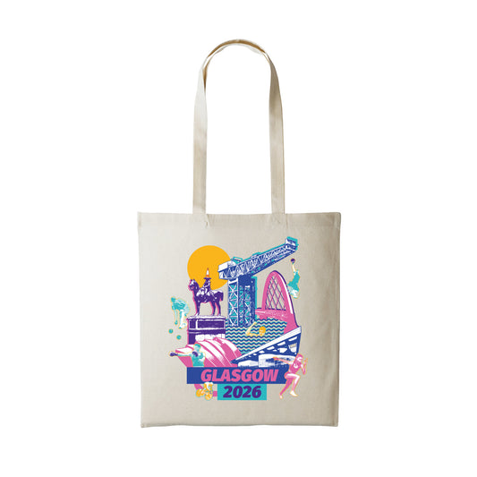 A natural coloured tote bag with Glasgow 2026 Cityscape design.