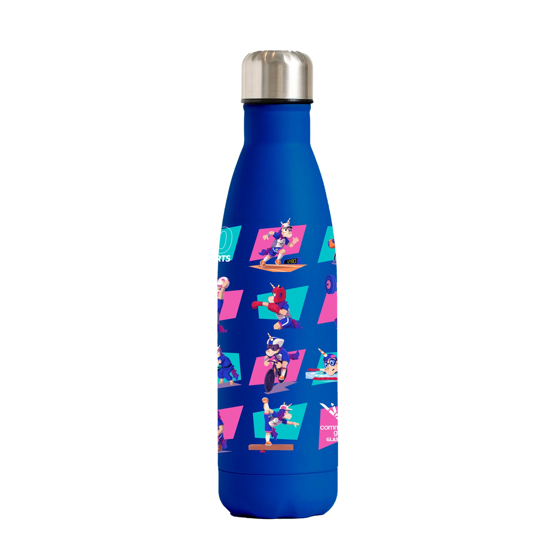 A blue metal water bottle with stainless steel cap printed with a series of pictograms featuring Finnie, the Glasgow 2026 mascot, taking part in each sport.