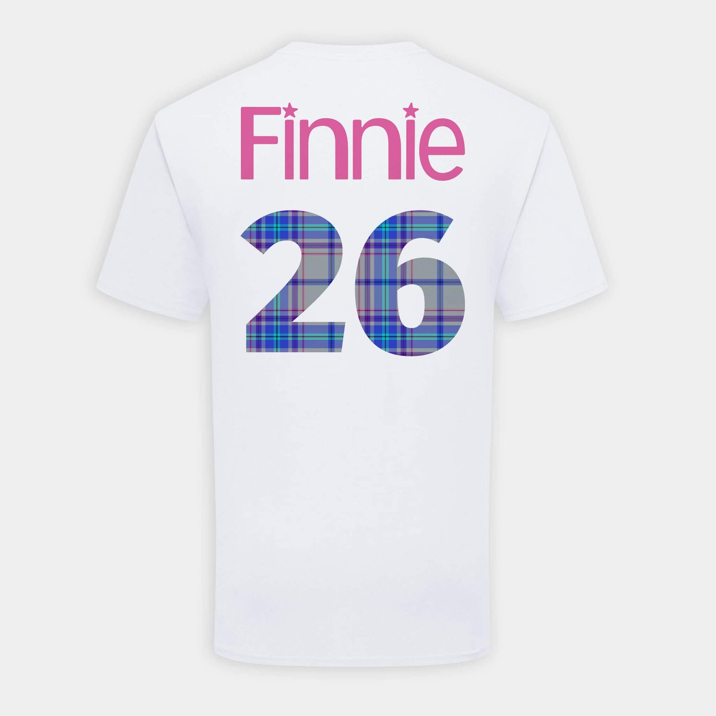 White Finnie 26 Competition Winning T-Shirt showing back view with Finnie's name and 26 in the Games official tartan.