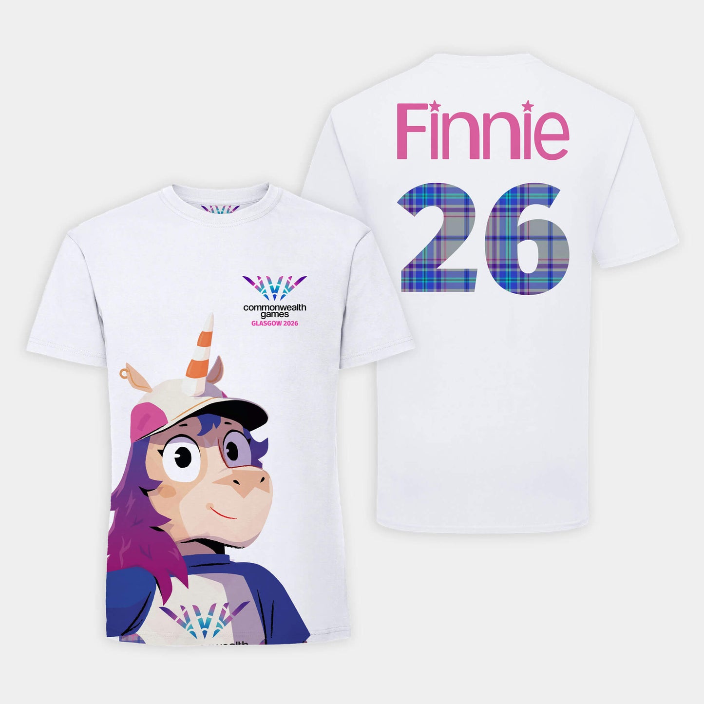White Finnie 26 Competition Winning T-Shirt showing front view with Finnie Graphic and Glasgow 2026 logo and back view with Finnie's name and 26 in the Games official tartan.