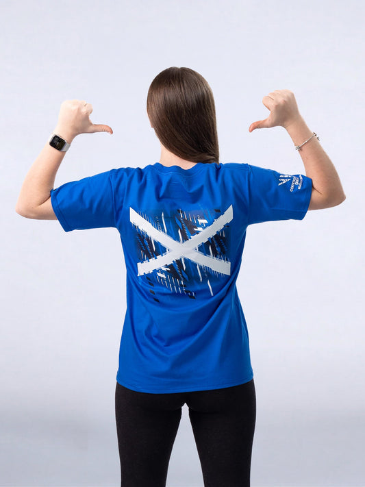 Back view of Royal Blue G2026 x Team Scotland Gold Logo T-Shirt worn by athlete Beth Riva