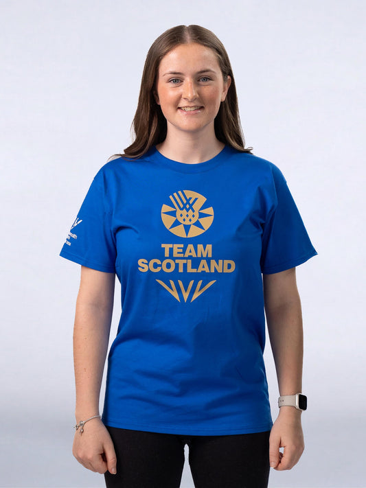 Royal Blue G2026 x Team Scotland Gold Logo T-Shirt worn by athlete Beth Riva