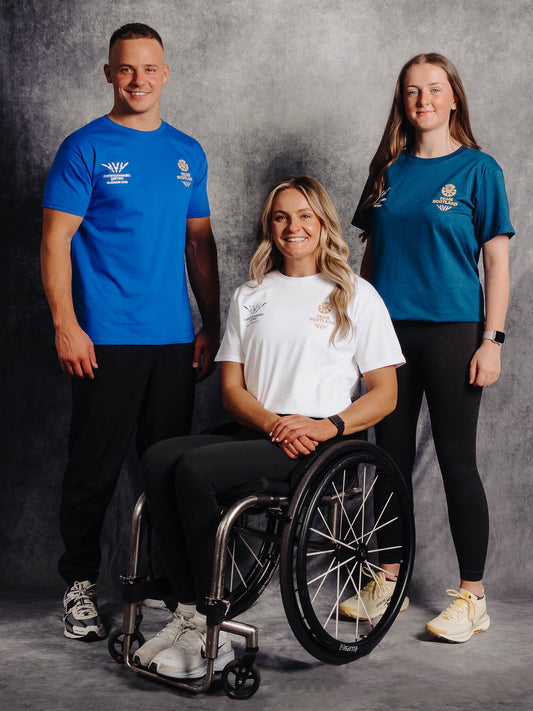 G2026 x Team Scotland T-Shirt worn by  athletes Pavel Karnejenko, Melanie Woods & Beth Riva